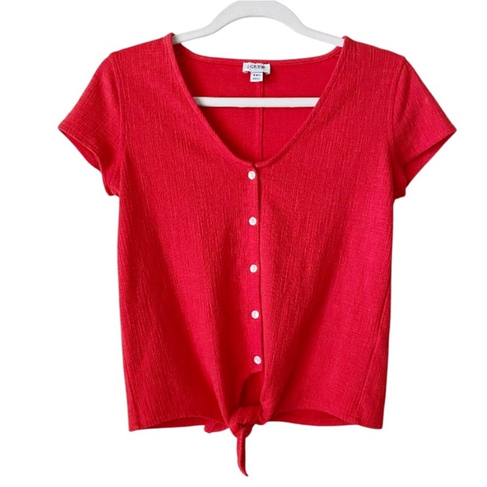 J. Crew Factory Tie Front Textured Top Buttons Red Summery Flirty Blouse Shirt